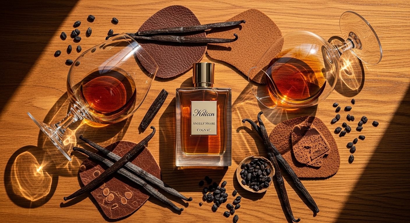 Luxury Kilian Angels' Share cognac perfume bottle on elegant surface