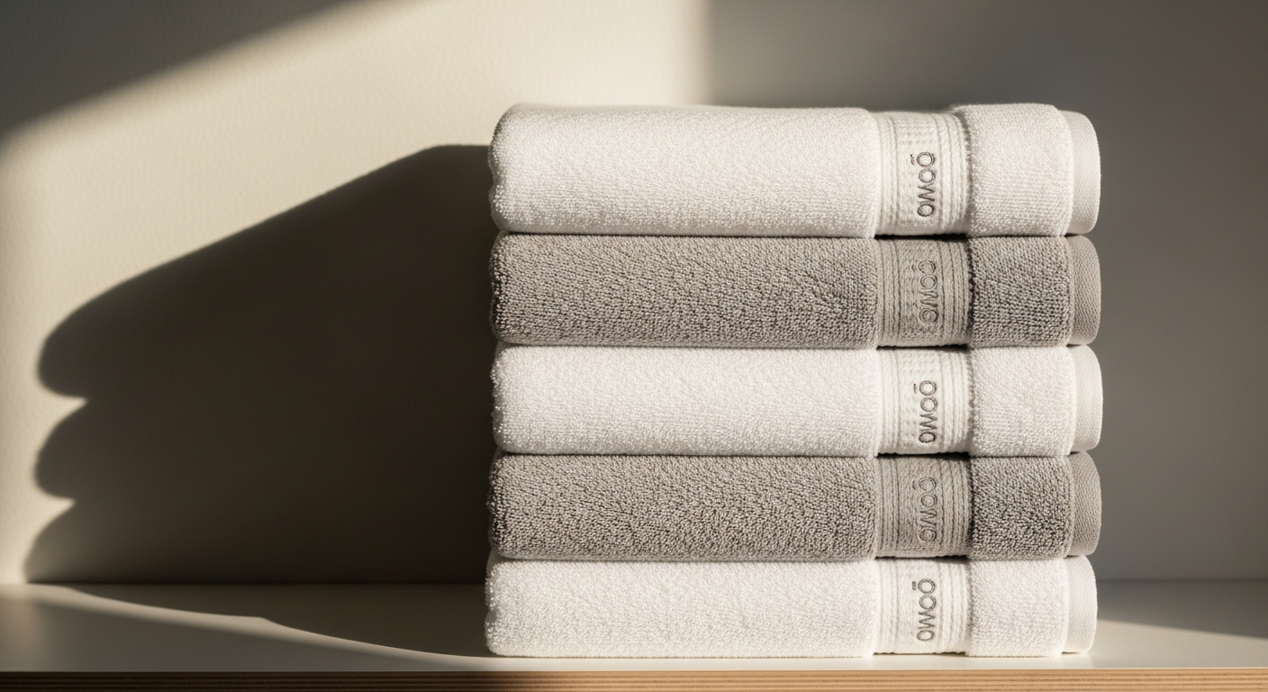 Luxurious folded Cawö Pure 6500 cotton terry towels in soft pastel colors