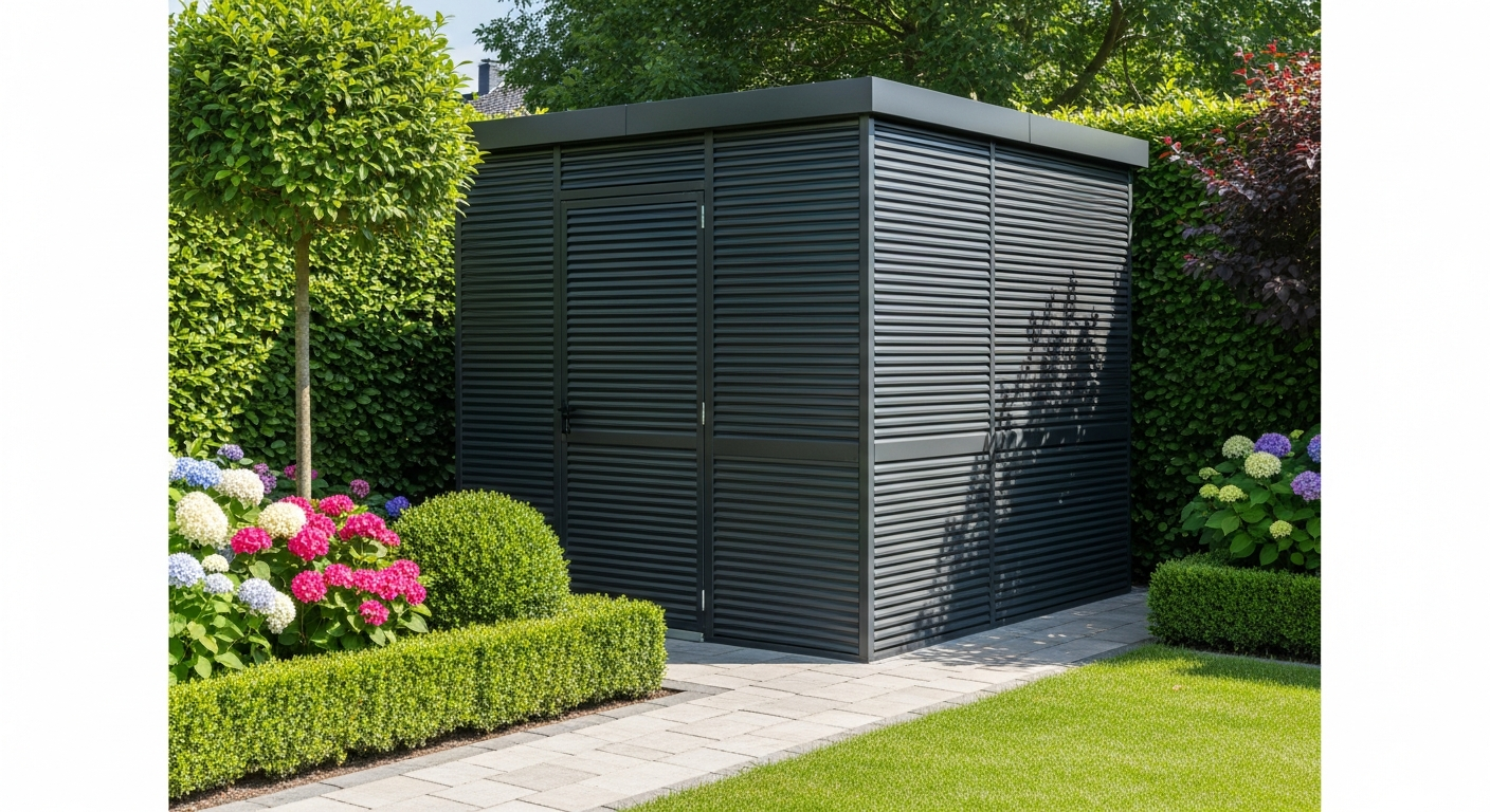 DeubaXXL Anthracite Metal Garden Shed with sliding doors and gable roof