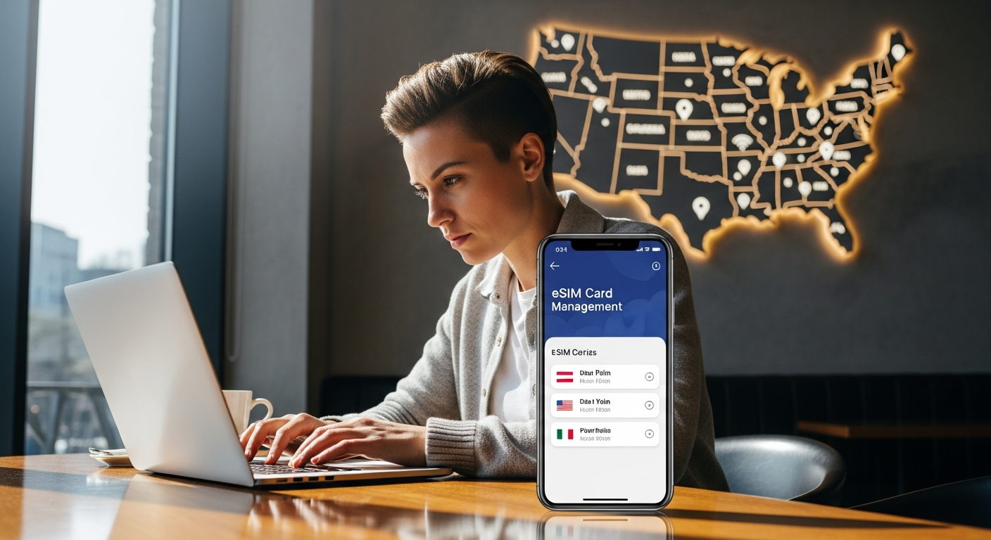 Digital nomad working on laptop with eSIM connectivity while traveling in USA cities