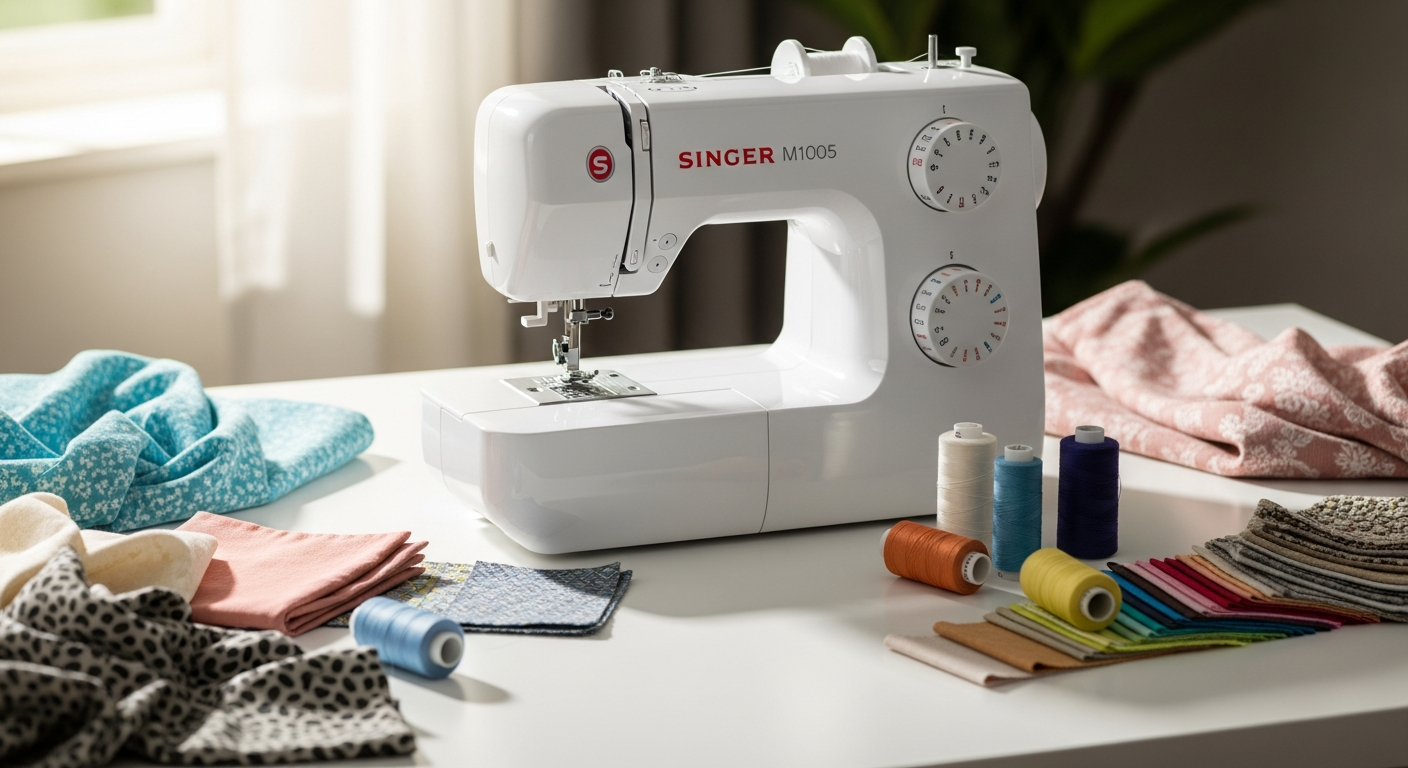 SINGER M1005 portable sewing machine displayed on white background showing compact design