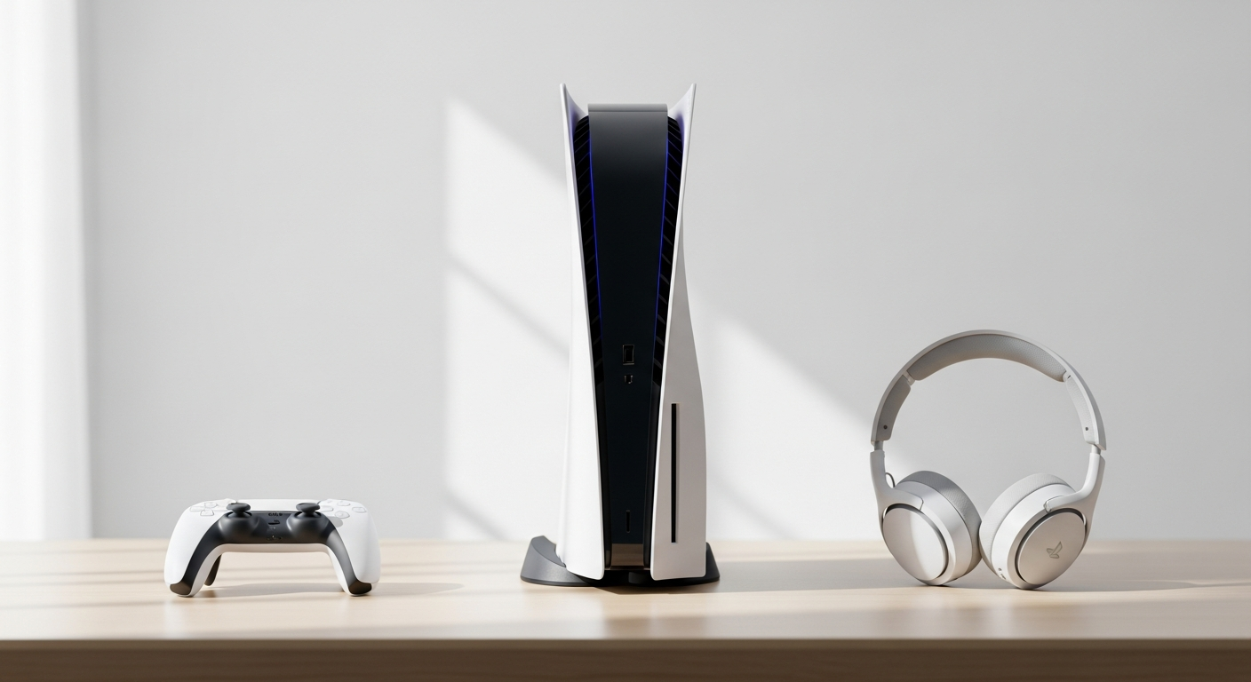 Sony PS5 Slim Standard Console displayed in modern entertainment center setup