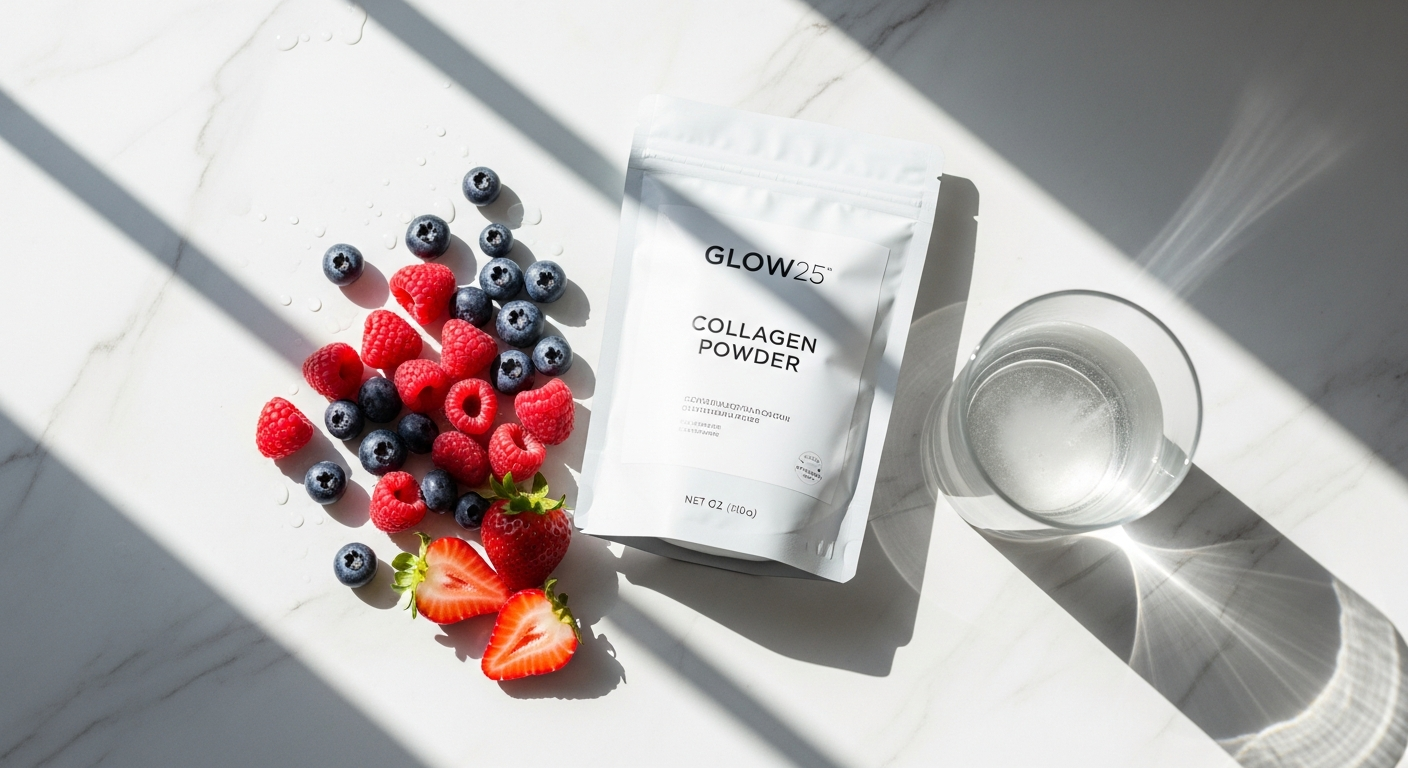 Glow25 Collagen Powder Original with Vitamin C supplement container and mixed beverage