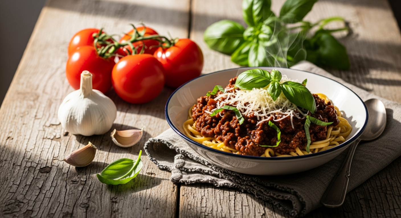 Simply Perfect Beef Spag Bol meal kit with fresh ingredients and recipe card displayed