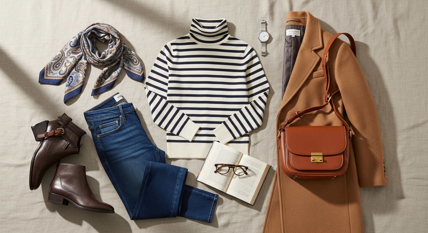 MORE & MORE striped turtleneck shirt styled with jeans and white sneakers for casual weekend look