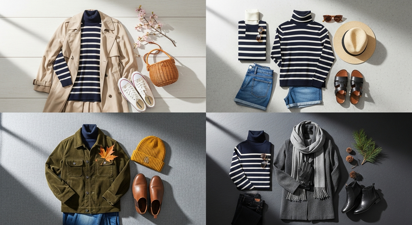 Timeless striped turtleneck shirt styled for versatile seasonal wear