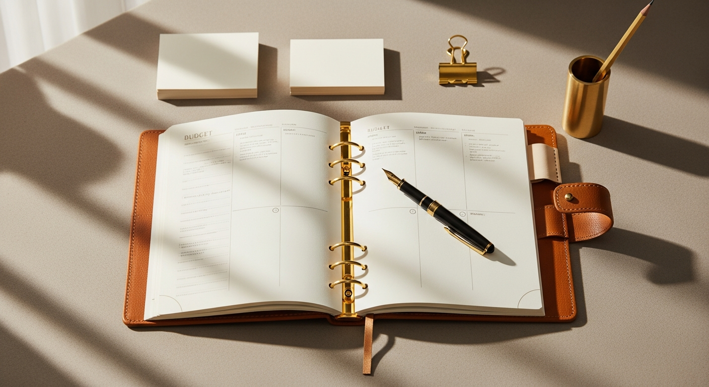 Papier Personalized Finance Planner Journal hardcover with custom monogram on luxury desk